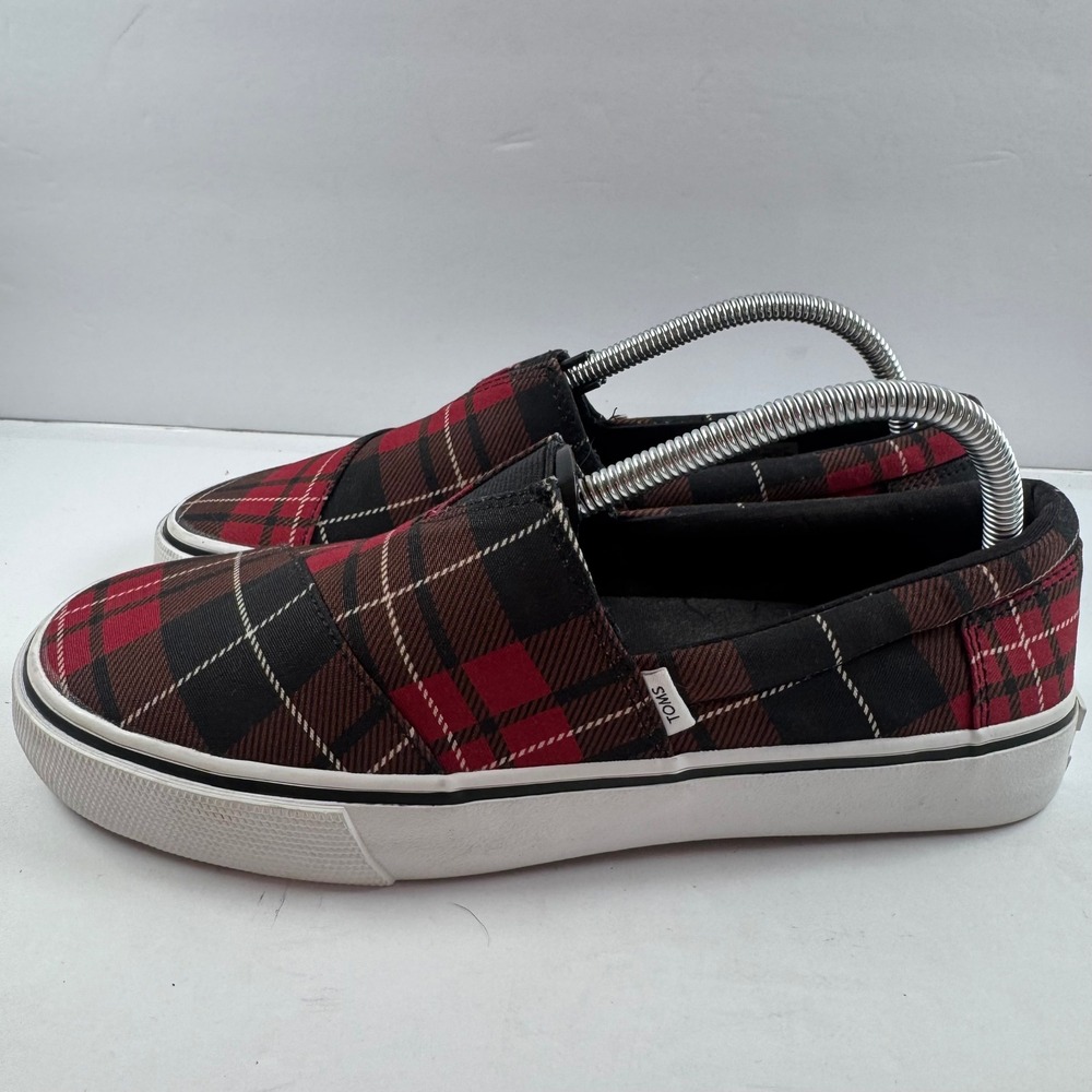TOMS Alpargata Fenix Red Black Plaid Slip‎ On Sneakers Womens 8.5 10018945